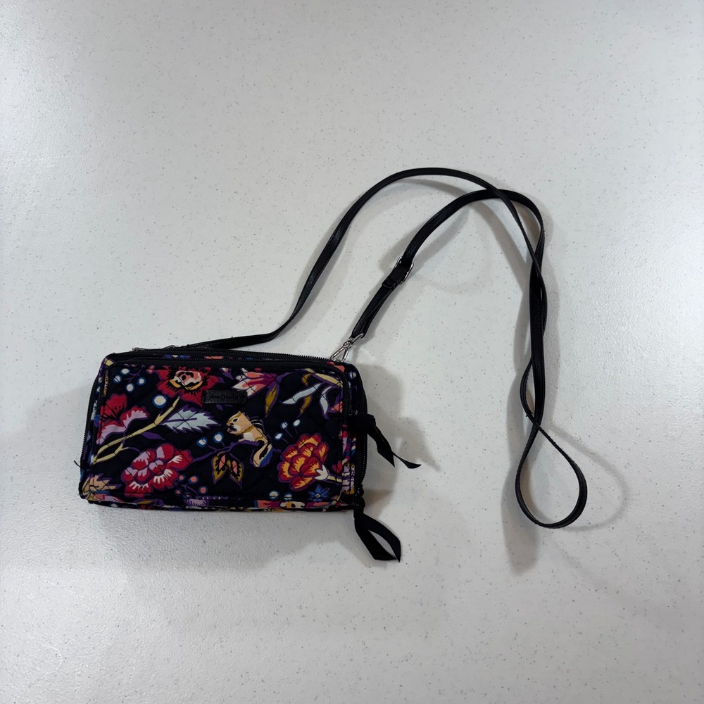 Vera Bradley RFID All in One Crossbody Wallet Floral Squirrel Rabbit Black Multi